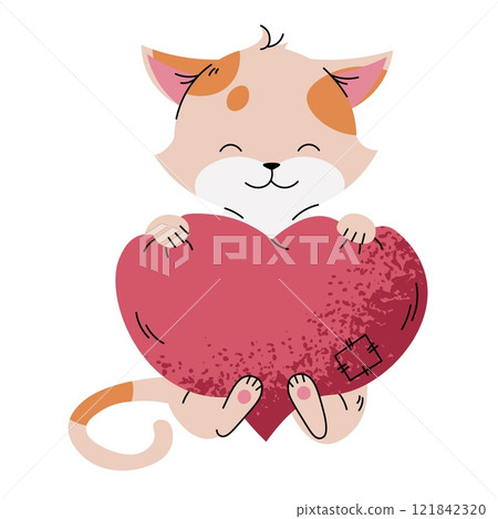 Cute ginger spotted cat with soft heart in flat cartoon style. Favorite pet on white background. Valentine's day vector illustration for cards, stickers, banners, etc. 121842320