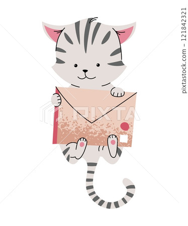 Cute gray striped cat with envelope in flat cartoon style. Favorite pet on white background. Valentine's day vector illustration for cards, stickers, banners, etc. 121842321