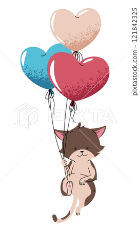 Cute brown cat flying on balloons in flat cartoon style. Favorite pet on white background. Valentine's day vector illustration for cards, stickers, banners, etc. Cute brown cat flying on balloons in flat cartoon style. Favorite pet on white background. Valentine's day vector illustration for cards, stickers, banners, etc. 121842325
