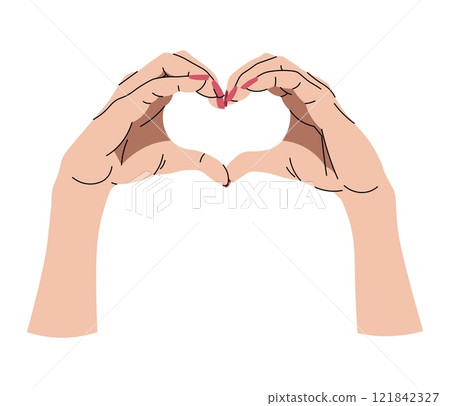 Hands showing heart in flat cartoon style. Symbol of love. Vector illustration for Valentine's day for cards, stickers, banners, etc. Hands showing heart in flat cartoon style. Symbol of love. Vector illustration for Valentine's day for cards, stickers, banners, etc. 121842327