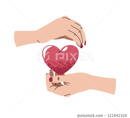 Hands holding heart in flat cartoon style. Vector illustration for Valentine's day for cards, stickers, banners, etc. Hands holding heart in flat cartoon style. Vector illustration for Valentine's day for cards, stickers, banners, etc. 121842328