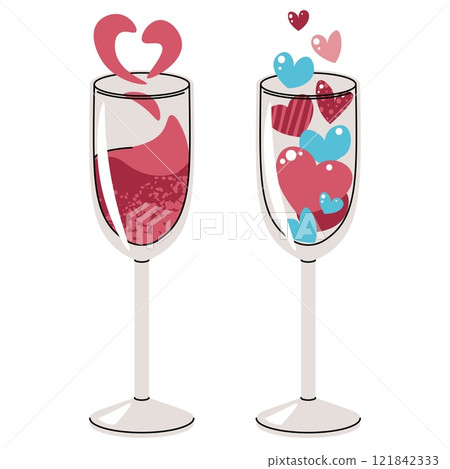 Wine glasses with hearts in flat cartoon style. Glass of alcohol on white background. Vector illustration for Valentine's day for cards, stickers, banners, etc. 121842333