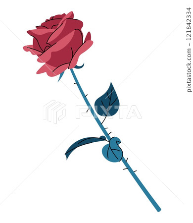 Rose with thorns in flat cartoon style. Beautiful flower on white background. Vector illustration for Valentine's day for cards, stickers, banners, etc. 121842334