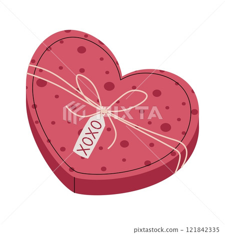 Heart shaped gift box in flat cartoon style. Heart tied with a rope on a white background. Vector illustration for Valentine's day cards, stickers, banners, etc. 121842335