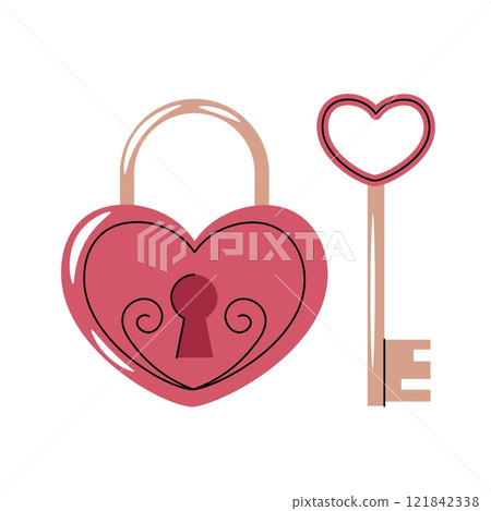 Key with heart-shaped lock in flat cartoon style. Closed heart on white background. Vector illustration for Valentine's day cards, stickers, banners, etc. 121842338