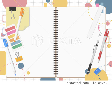 Stationery and notebook set, pop background, double page spread 121842420