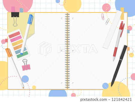 文具和筆記本套裝，流行背景，雙跨頁 121842421