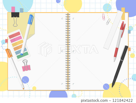 文具和筆記本套裝，流行背景，雙跨頁 121842422