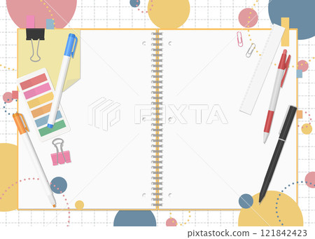 Stationery and notebook set, pop background, double page spread Stationery and notebook set, pop background, double page spread 121842423