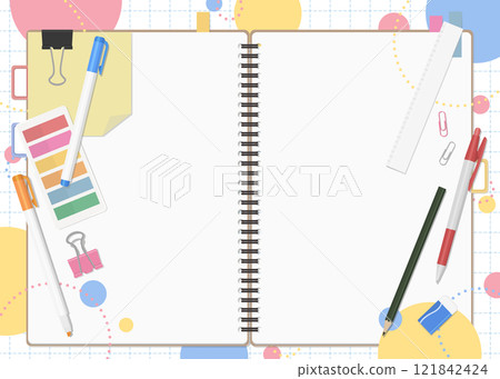 Stationery and notebook set, pop background, double page spread Stationery and notebook set, pop background, double page spread 121842424