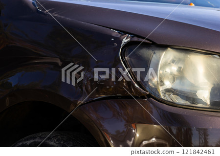 Damage on the front of a black car parked on the street during daylight hours 121842461