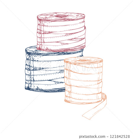 Ribbon silk lace bobbins spools, sewing craft embroidery supplies. Hand drawn ink vector illustration. Composition isolated on white background. Design atelier, tailor, hobby shop, fashion boutique 121842528