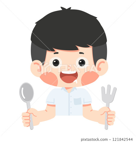 Kid boy student hungry holding a fork and spoon 121842544