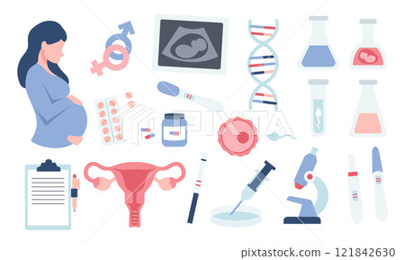 Pregnancy set elements in cartoon flat style. Medical test, sex determination, fertilization. Uterus and sperm. Vector illustration 121842630