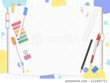 文具和筆記本套裝，流行背景，雙跨頁 121842711
