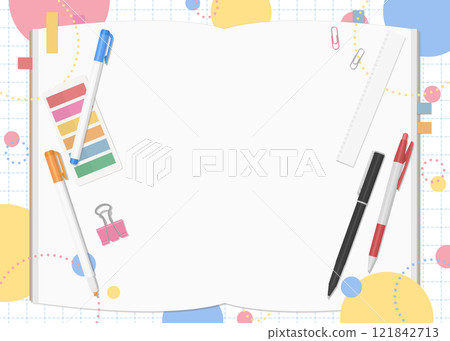 Stationery and notebook set, pop background, double page spread Stationery and notebook set, pop background, double page spread 121842713