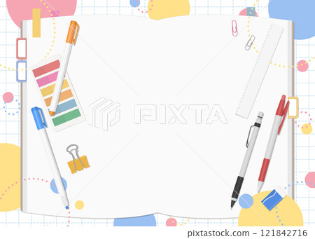 文具和筆記本套裝,流行背景,雙跨頁 文具和筆記本套裝,流行背景,雙跨頁 121842716