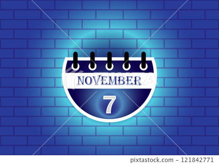 November 7th calendar page against a blue brick wall background. A simple, clean design ideal for scheduling or event reminders. 121842771
