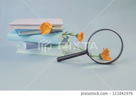 A stack of books and marigold flowers instead of bookmarks, copy space, pastel colors. A stack of books and marigold flowers instead of bookmarks, copy space, pastel colors. 121842976