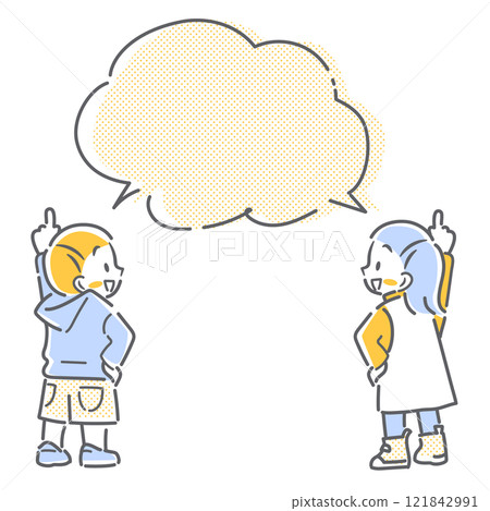 Smiling girl and boy pointing - simple and cute line drawing illustration 121842991