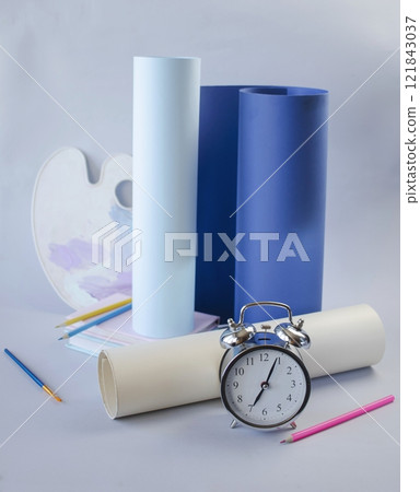 Back to school concept, stationery, paper rolls on light background, pastel colors. 121843037