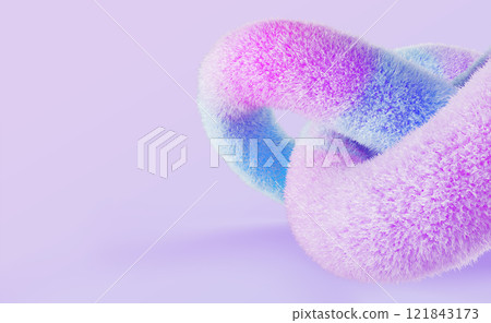 3d abstract fur fluffy thread twist in knot background. Pastel pink blue soft furry rope with hair texture. Cute fuzzy wool felt geometric line shape render. Trendy creative banner bg. 3D illustration 121843173