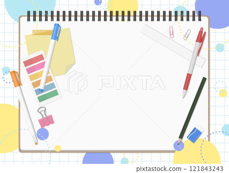 Set of stationery and notebooks, pop background, landscape orientation 121843243