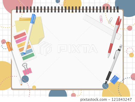 Set of stationery and notebooks, pop background, landscape orientation Set of stationery and notebooks, pop background, landscape orientation 121843247