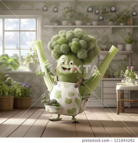 Joyful broccoli character in a vibrant kitchen surrounded by lush plants and bright sunlight. Generative AI 121843262