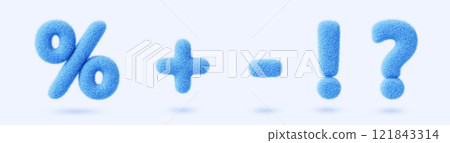 3d blue fur fluffy symbols render icon set. Furry percent sign, question mark, exclamation point, plus and minus with hair texture. Isolated cute design elements of soft wool felt. 3D illustration 3d blue fur fluffy symbols render icon set. Furry percent sign, question mark, exclamation point, plus and minus with hair texture. Isolated cute design elements of soft wool felt. 3D illustration 121843314
