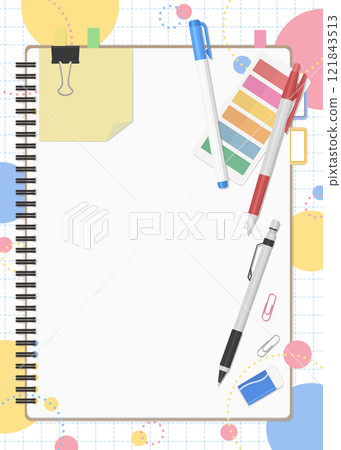 Stationery and notebook set, pop background Stationery and notebook set, pop background 121843513
