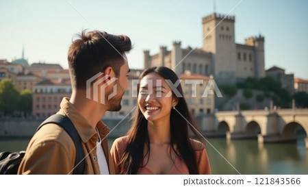 An animated conversation captured between couple with medieval castle in backdrop Smiling Asian 121843566