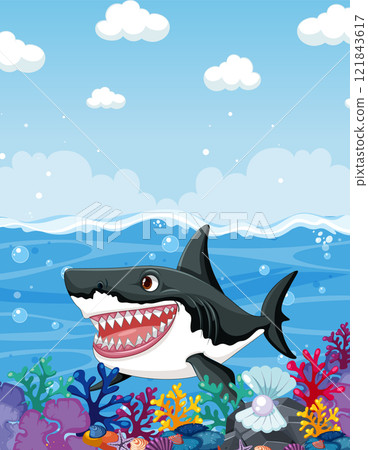 Colorful Ocean Scene with Happy Shark 121843617