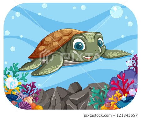 Cheerful Sea Turtle in Vibrant Coral Reef 121843657