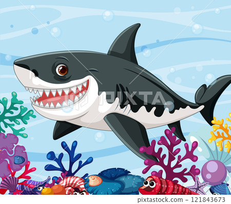 Smiling Shark in Colorful Coral Reef 121843673