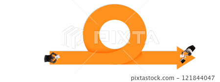 Conceptual graphic design. Orange circular loop and arrow with two individuals working, symbolizing continuous flow of ideas and forward progression in digital communication. 121844047