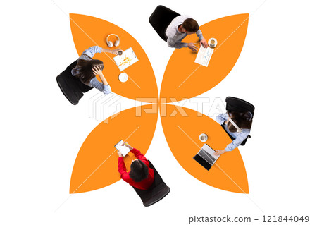 Conceptual graphic design. Four people sitting around orange floral design, working or interacting, signifying harmony and creative connections in digital world. Conceptual graphic design. Four people sitting around orange floral design, working or interacting, signifying harmony and creative connections in digital world. 121844049