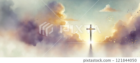 Abstract watercolor illustration concept of Christian Easter. Crucifix with colorful sky background and clouds at sunset. Copy space banner 121844050