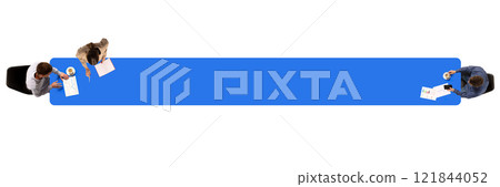 Conceptual graphic design. Long blue rectangular table with individuals on opposite ends, representing formal online collaboration or distant virtual communication. 121844052