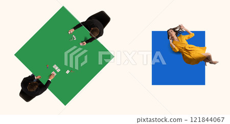 Conceptual graphic design. Green square with two people playing cards and blue square with woman lying down, showing divide between interaction and digital disconnection. Conceptual graphic design. Green square with two people playing cards and blue square with woman lying down, showing divide between interaction and digital disconnection. 121844067