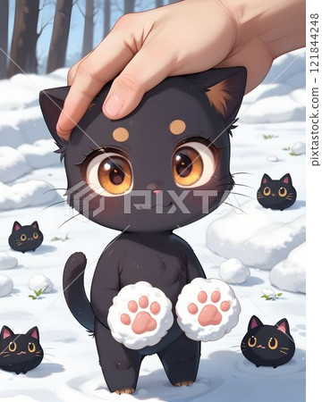 Playing in the snow with a black cat 121844248