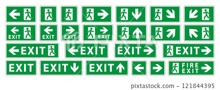 Emergency exit sign icon symbol set. Green Fire safety exit sign logo collection. Running man and exit door sign. Vector illustration image. Isolated on white background. Emergency exit sign icon symbol set. Green Fire safety exit sign logo collection. Running man and exit door sign. Vector illustration image. Isolated on white background. 121844395