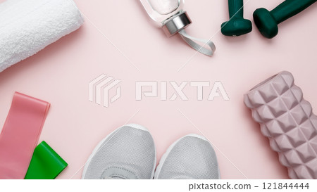 Athletes equipment set dumbbells, resistance band, foam roller for Myofascial release, healthy lifestyle 121844444