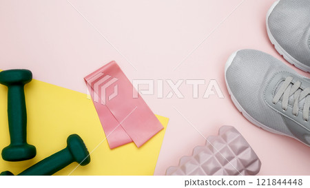 Athletes equipment set dumbbells, resistance band, foam roller for Myofascial release, healthy lifestyle Athletes equipment set dumbbells, resistance band, foam roller for Myofascial release, healthy lifestyle 121844448