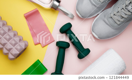 Athletes equipment set dumbbells, resistance band, foam roller for Myofascial release, healthy lifestyle Athletes equipment set dumbbells, resistance band, foam roller for Myofascial release, healthy lifestyle 121844449