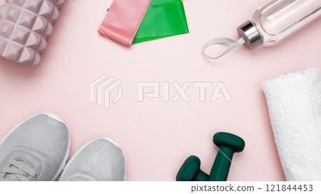 Athletes equipment set dumbbells, resistance band, foam roller for Myofascial release, healthy lifestyle Athletes equipment set dumbbells, resistance band, foam roller for Myofascial release, healthy lifestyle 121844453