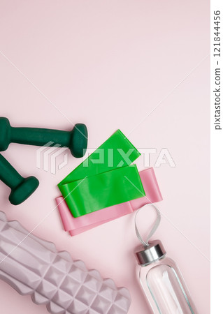 Athletes equipment set dumbbells, resistance band, foam roller for Myofascial release, healthy lifestyle Athletes equipment set dumbbells, resistance band, foam roller for Myofascial release, healthy lifestyle 121844456