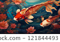 Carp swimming in a pond filled with floating flowers 121844493