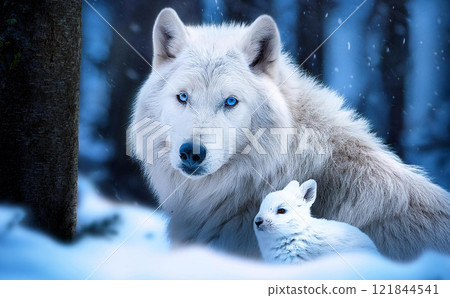 Wolf and rabbit huddled together in a snowy forest 3 121844541