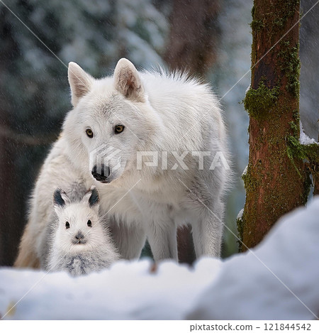 Wolf and rabbit snuggling together in a snowy forest 4 Wolf and rabbit snuggling together in a snowy forest 4 121844542